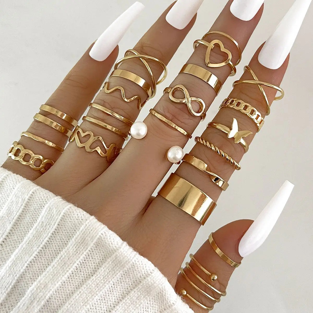 Wave Joint Rings Set – Crystal Heart Shape Gold & Silver Rings