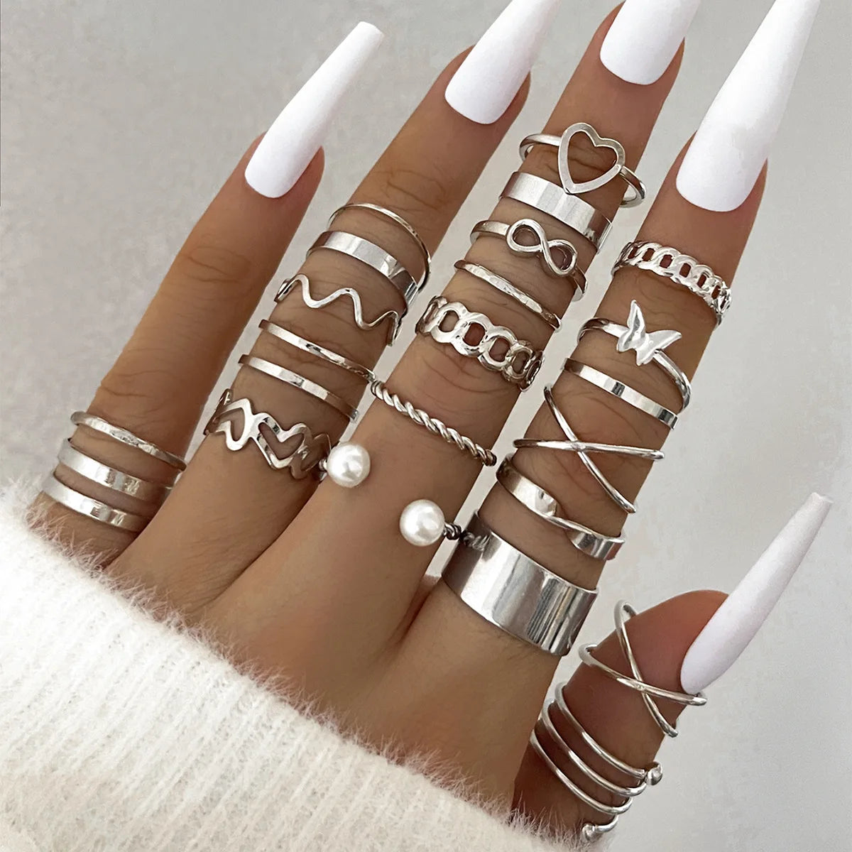 Wave Joint Rings Set – Crystal Heart Shape Gold & Silver Rings