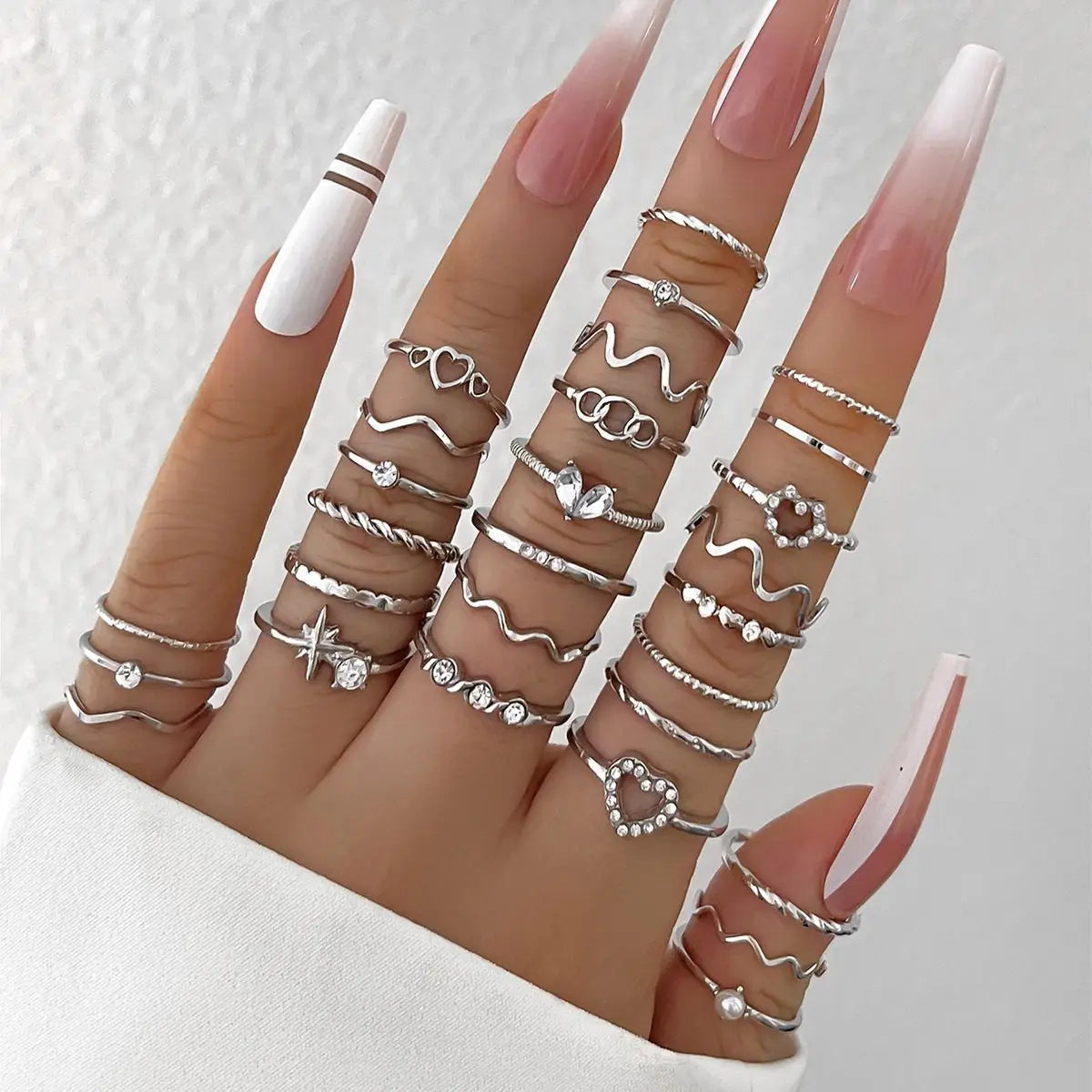 Wave Joint Rings Set – Crystal Heart Shape Gold & Silver Rings