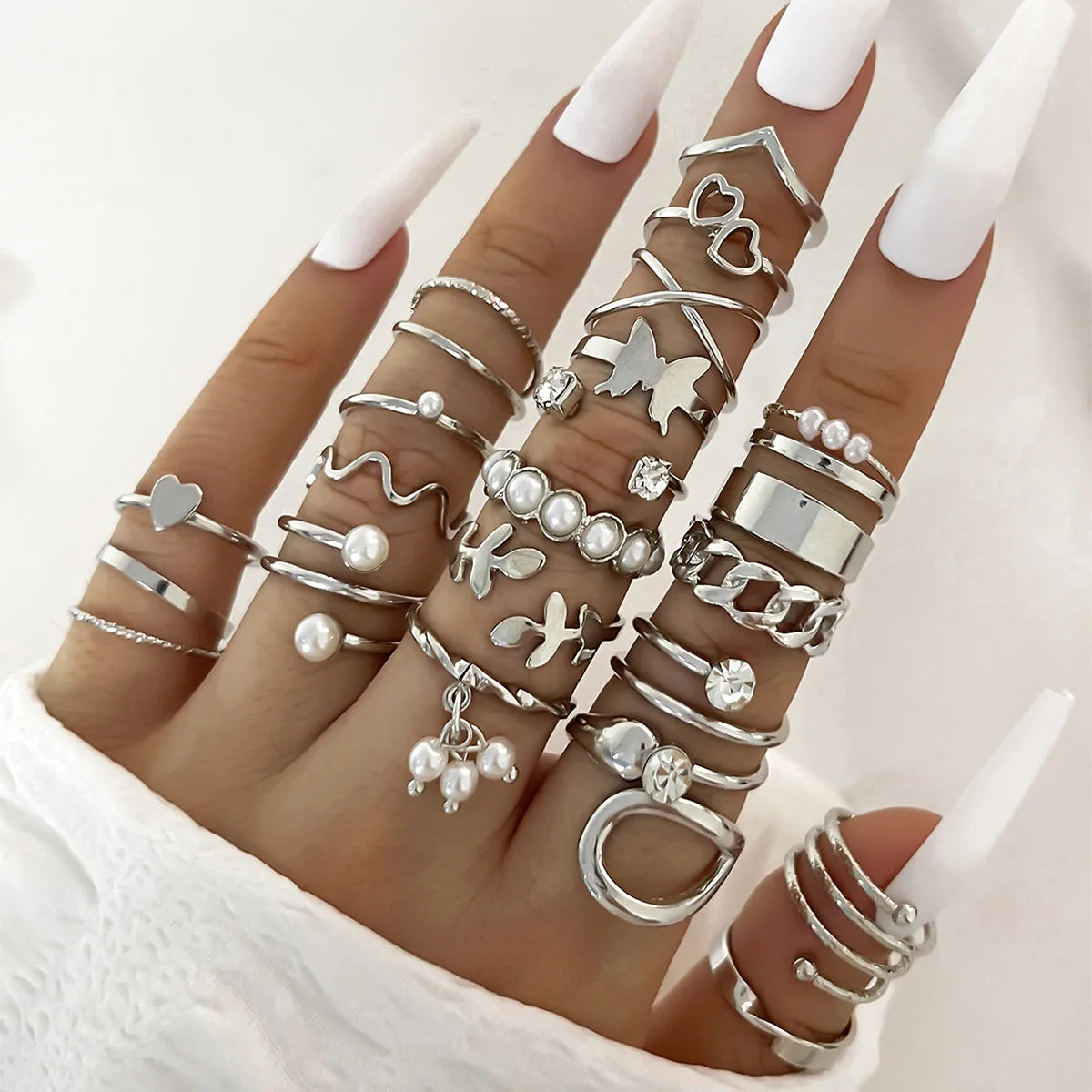 Wave Joint Rings Set – Crystal Heart Shape Gold & Silver Rings