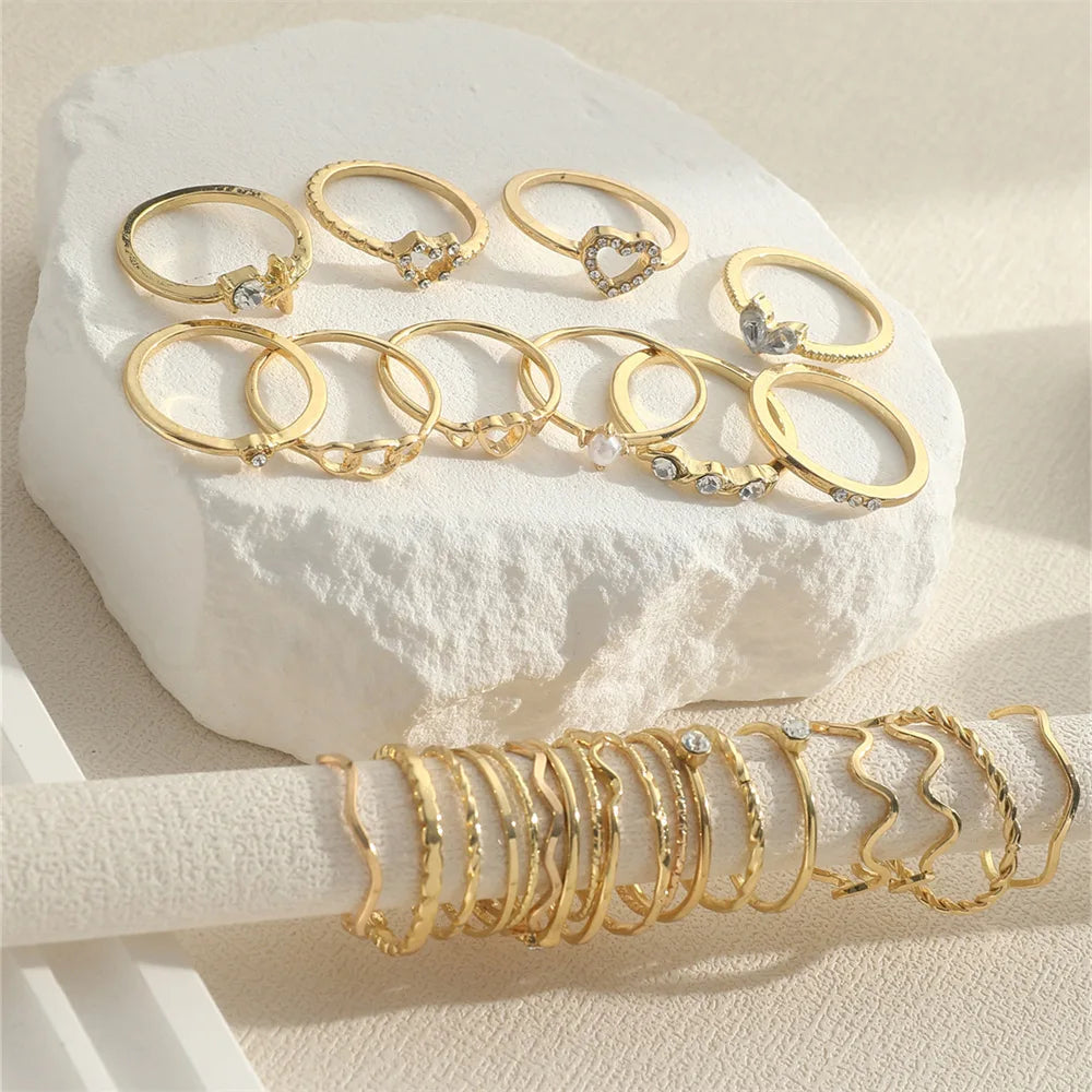 Wave Joint Rings Set – Crystal Heart Shape Gold & Silver Rings