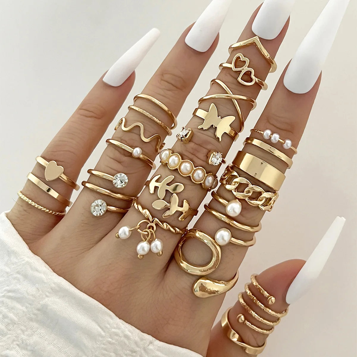 Wave Joint Rings Set – Crystal Heart Shape Gold & Silver Rings