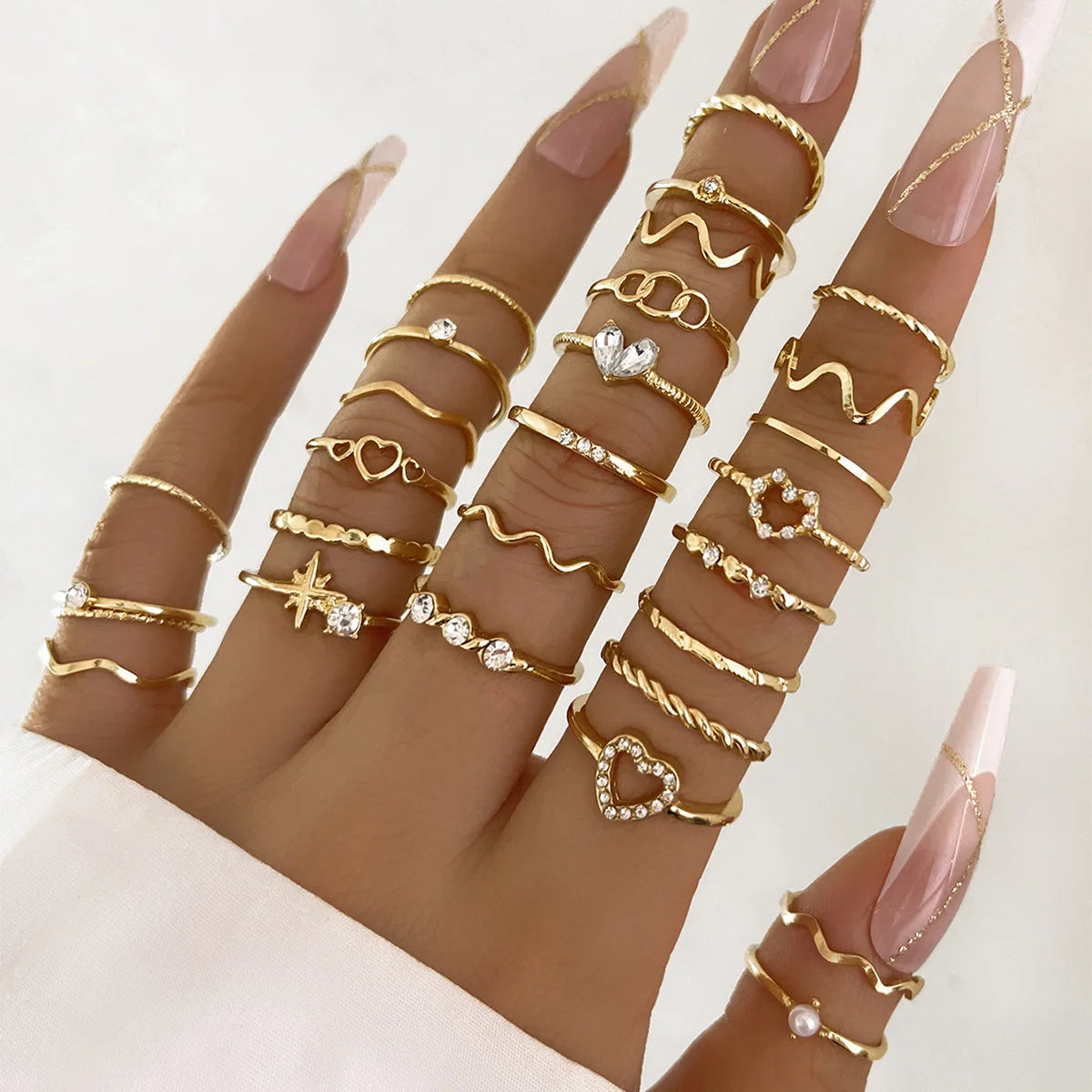 Wave Joint Rings Set – Crystal Heart Shape Gold & Silver Rings