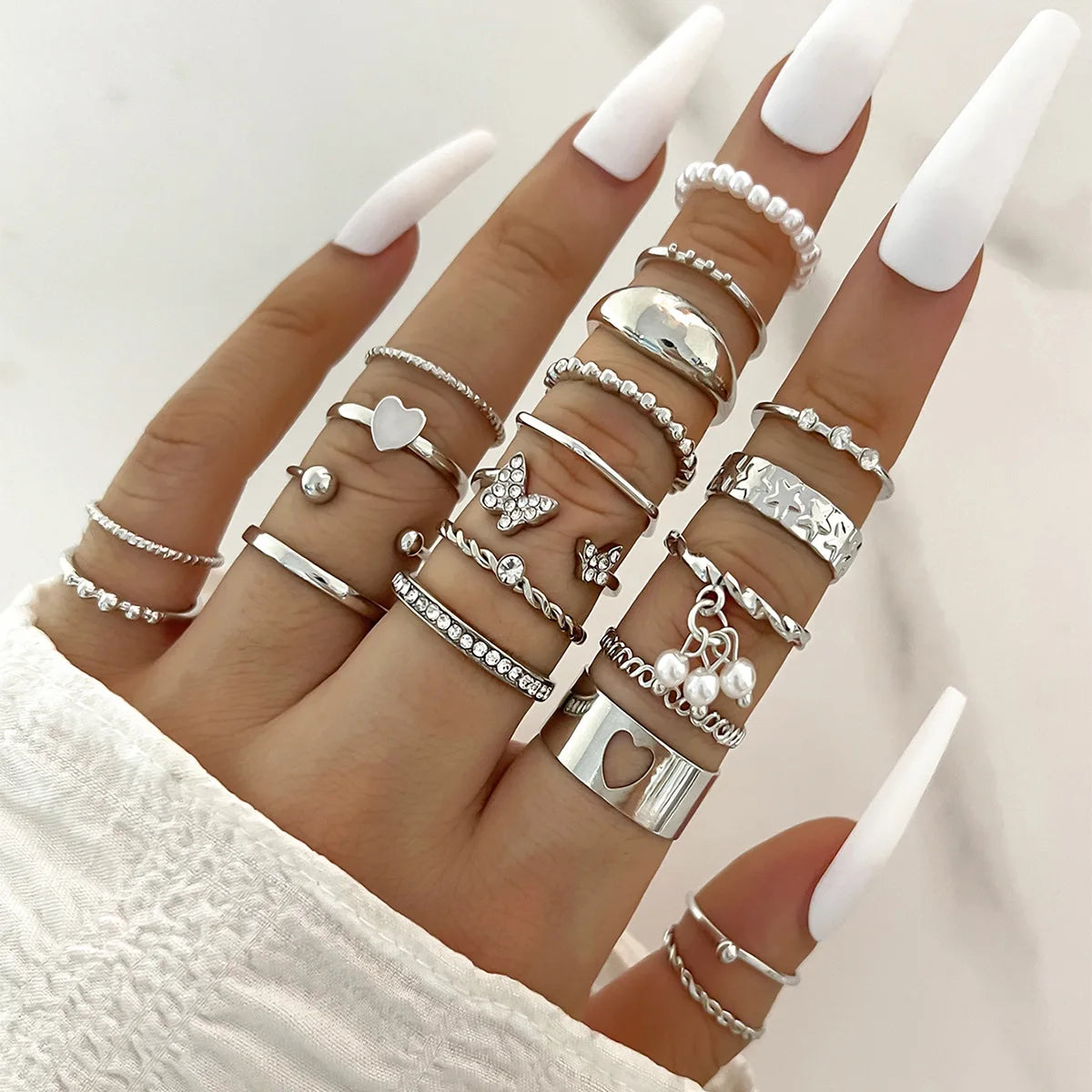 Wave Joint Rings Set – Crystal Heart Shape Gold & Silver Rings