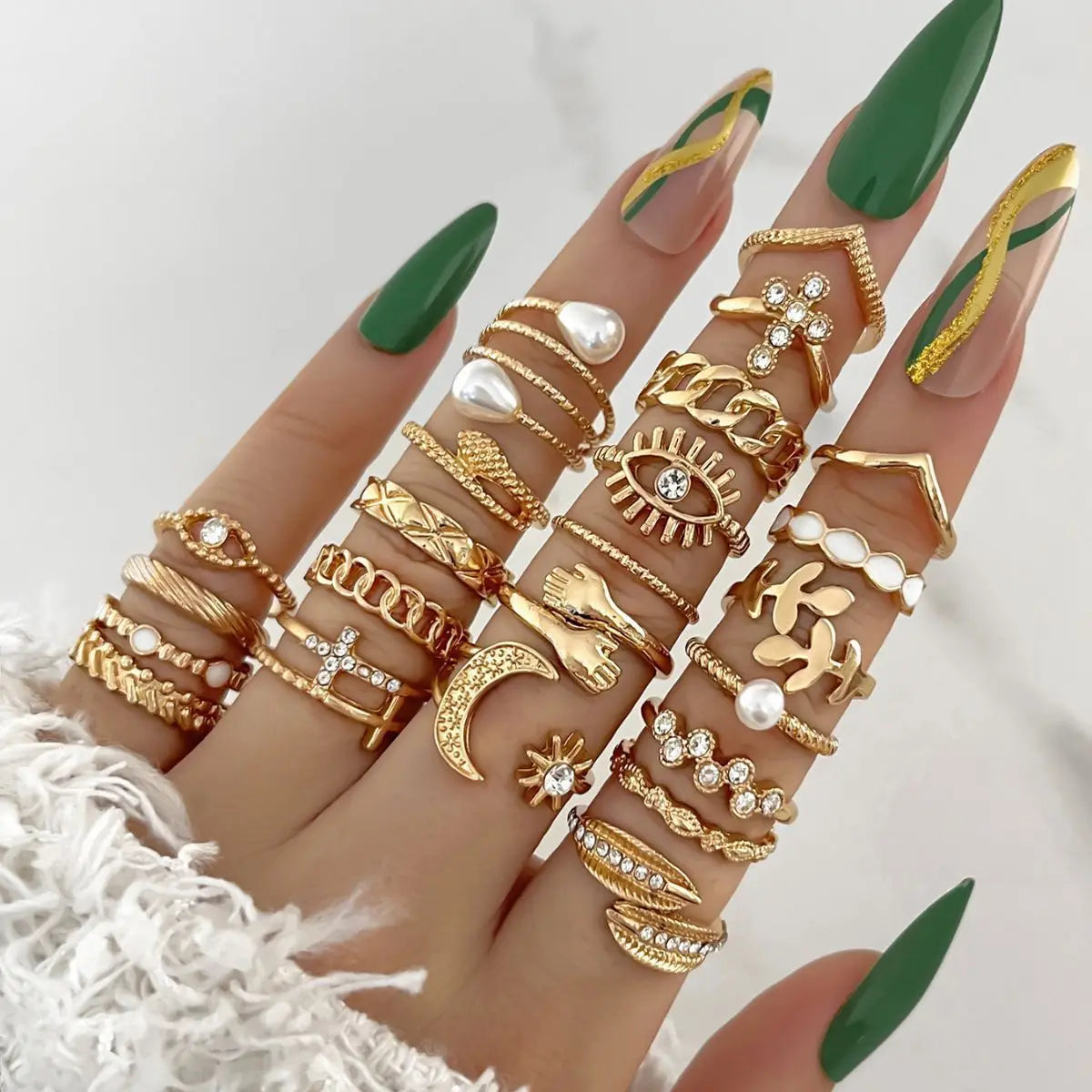 Wave Joint Rings Set – Crystal Heart Shape Gold & Silver Rings