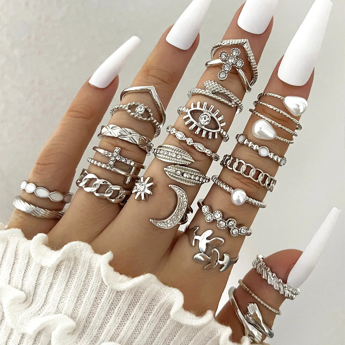 Wave Joint Rings Set – Crystal Heart Shape Gold & Silver Rings