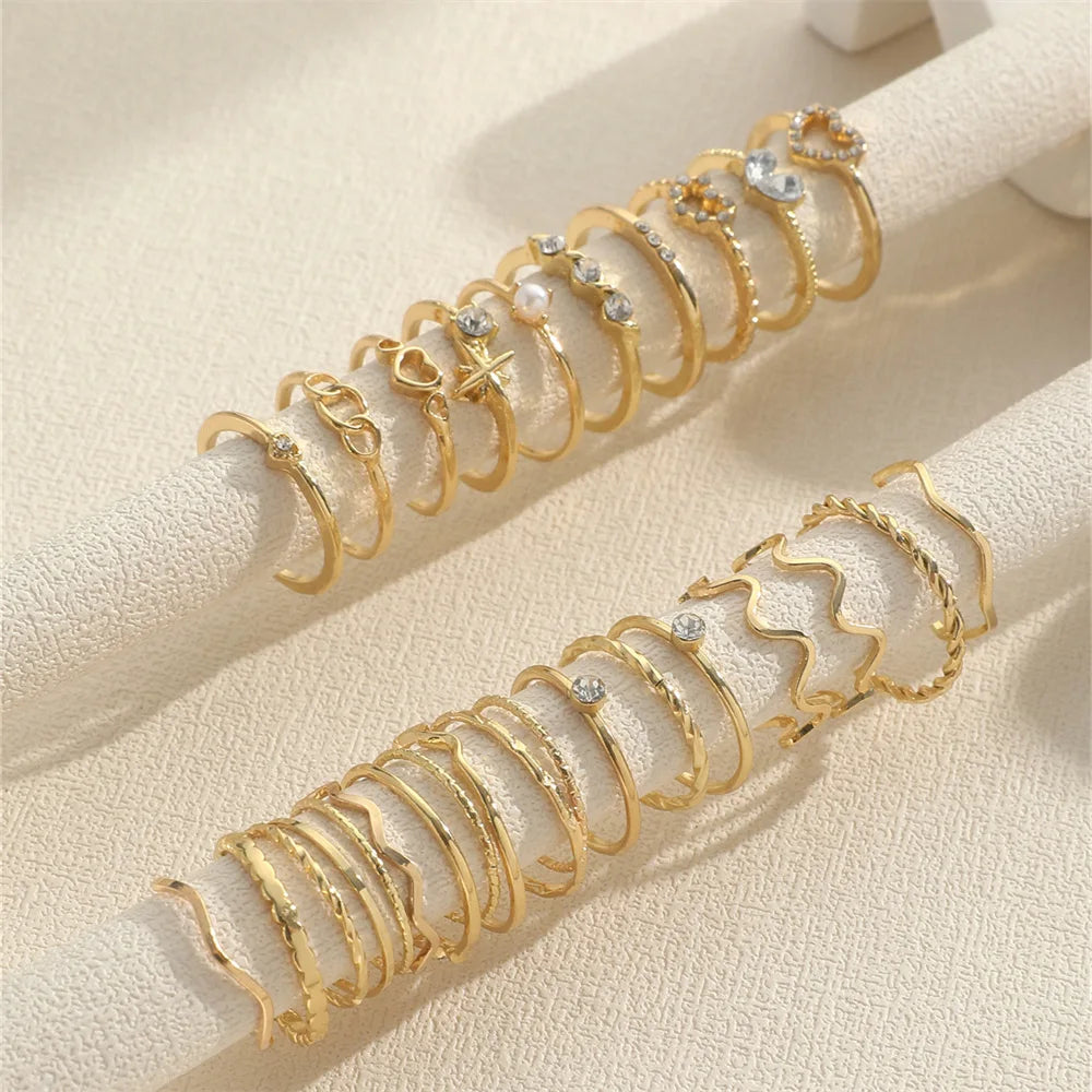 Wave Joint Rings Set – Crystal Heart Shape Gold & Silver Rings