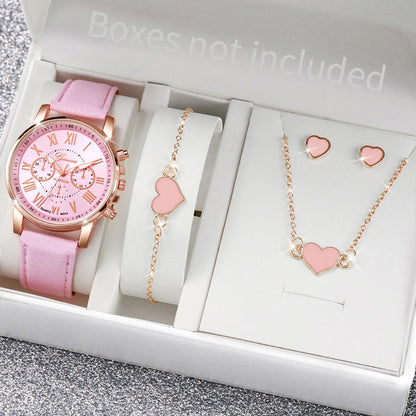 5/6-Piece Women’s Quartz Watch & Jewelry Set - Stylish Rhinestone Design