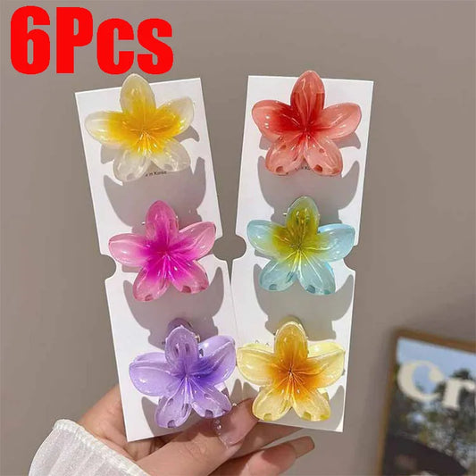 6Pcs Hawaiian Flower Hair Clips - Gradient Claw Barrettes for Women