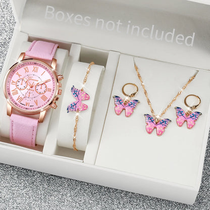 5/6-Piece Women’s Quartz Watch & Jewelry Set - Stylish Rhinestone Design