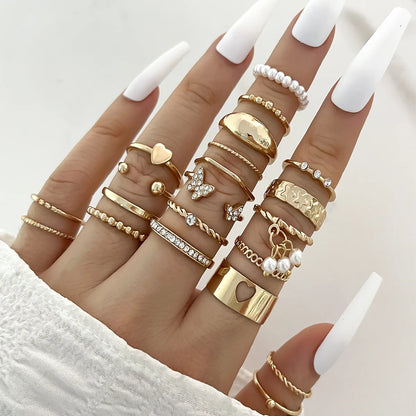 Wave Joint Rings Set – Crystal Heart Shape Gold & Silver Rings