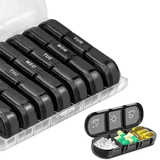 1 Set 7-Day Pill Organizer – 21 Grids, 3 Compartments per Day, Portable Travel Medicine Box