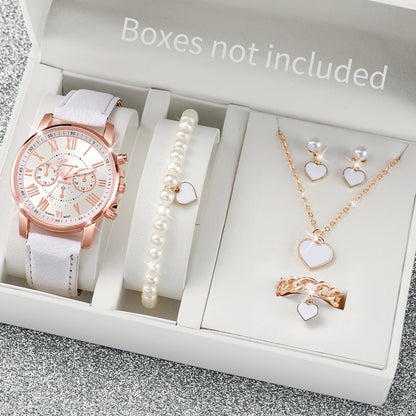 5/6-Piece Women’s Quartz Watch & Jewelry Set - Stylish Rhinestone Design
