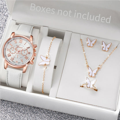 5/6-Piece Women’s Quartz Watch & Jewelry Set - Stylish Rhinestone Design
