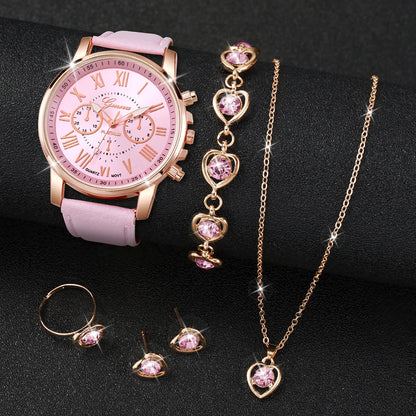 5/6-Piece Women’s Quartz Watch & Jewelry Set - Stylish Rhinestone Design