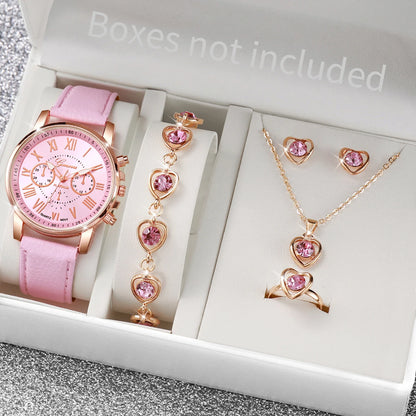 5/6-Piece Women’s Quartz Watch & Jewelry Set - Stylish Rhinestone Design