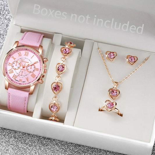 5/6-Piece Women’s Quartz Watch & Jewelry Set - Stylish Rhinestone Design