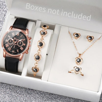 5/6-Piece Women’s Quartz Watch & Jewelry Set - Stylish Rhinestone Design
