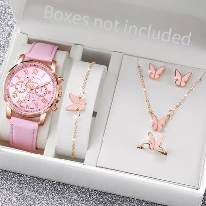 5/6-Piece Women’s Quartz Watch & Jewelry Set - Stylish Rhinestone Design