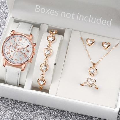 5/6-Piece Women’s Quartz Watch & Jewelry Set - Stylish Rhinestone Design