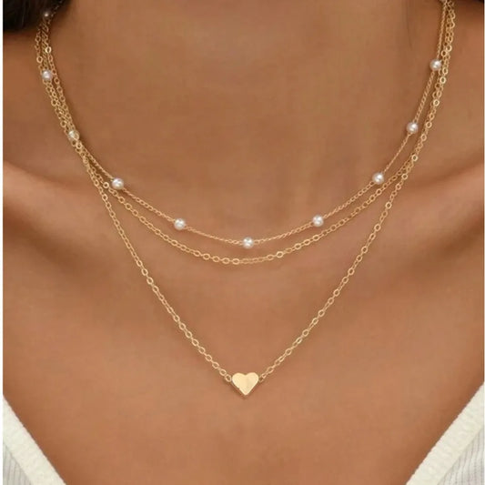 3-Piece Pearl Necklace Set - 14K Gold Heart Pendant - Hypoallergenic & Waterproof