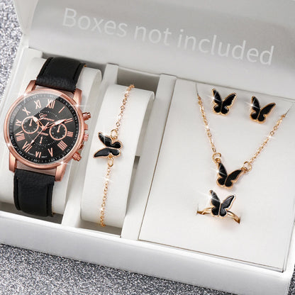 5/6-Piece Women’s Quartz Watch & Jewelry Set - Stylish Rhinestone Design